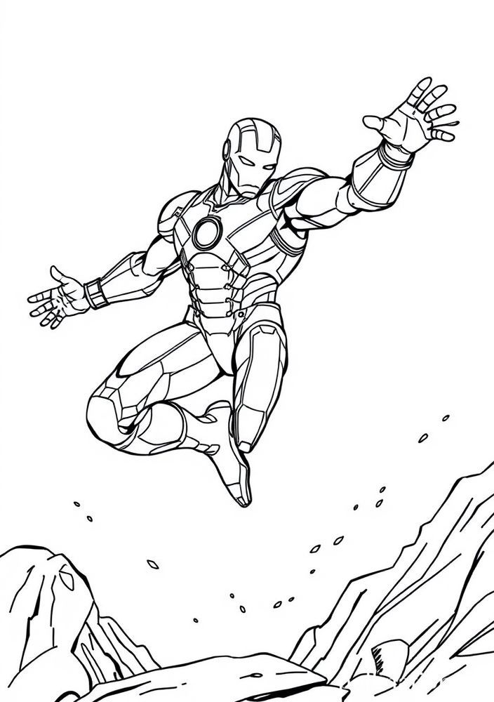 Desenho do Homem de Ferro em um vôo acrobático para colorir