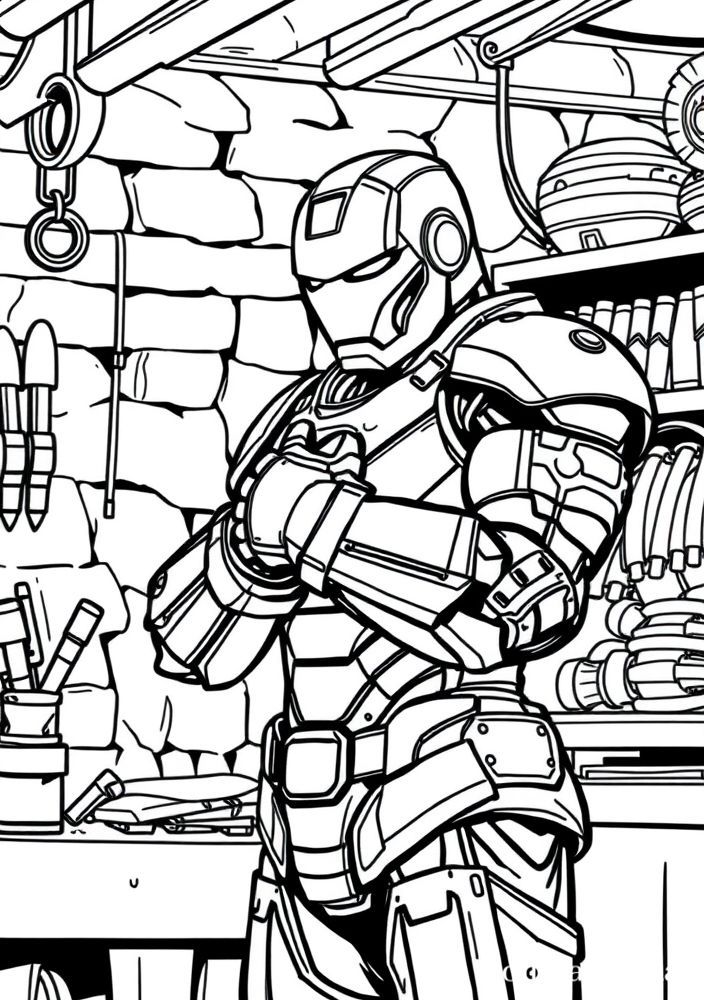 Desenho do Homem de Ferro fazendo ajustes em sua armadura para colorir