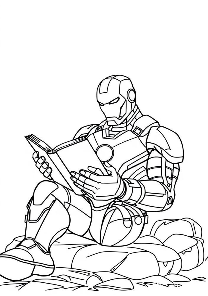 Desenho do Homem de Ferro sentado segurando um livro para colorir