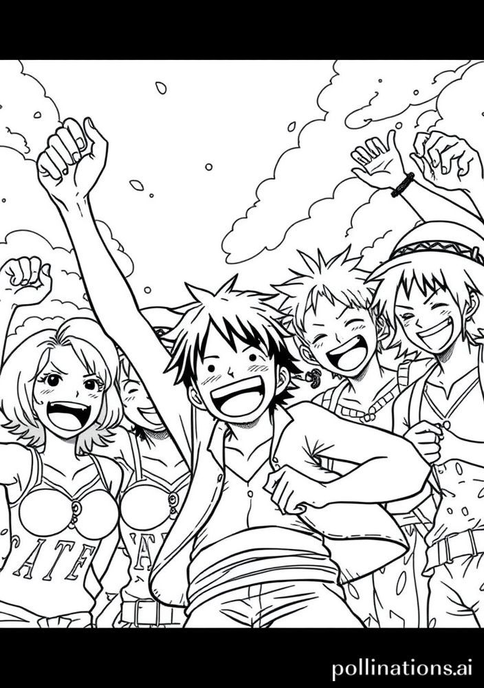 Desenho do Luffy celebrando com a tripulação para colorir