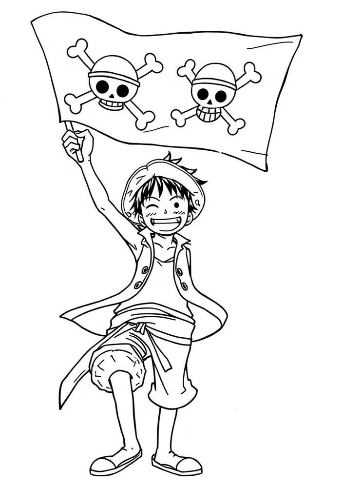Desenho do Luffy com a bandeira dos Chapéus de Palha para colorir