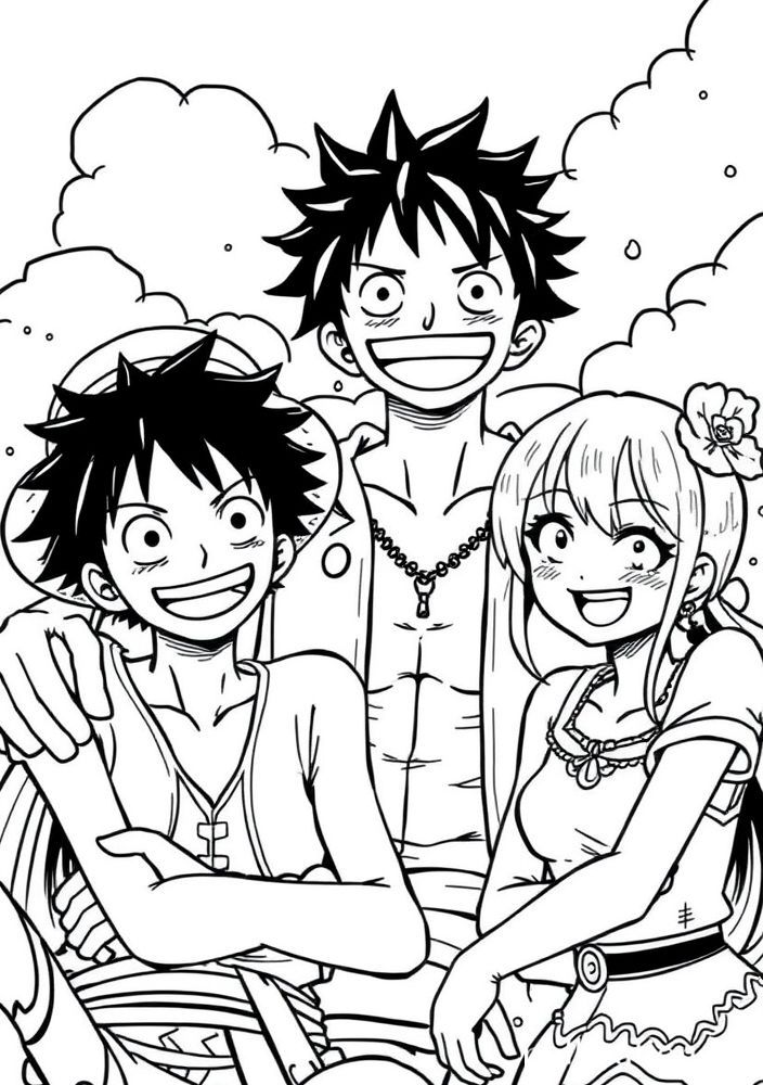Desenho do Luffy com amigos Zoro e Nami para colorir