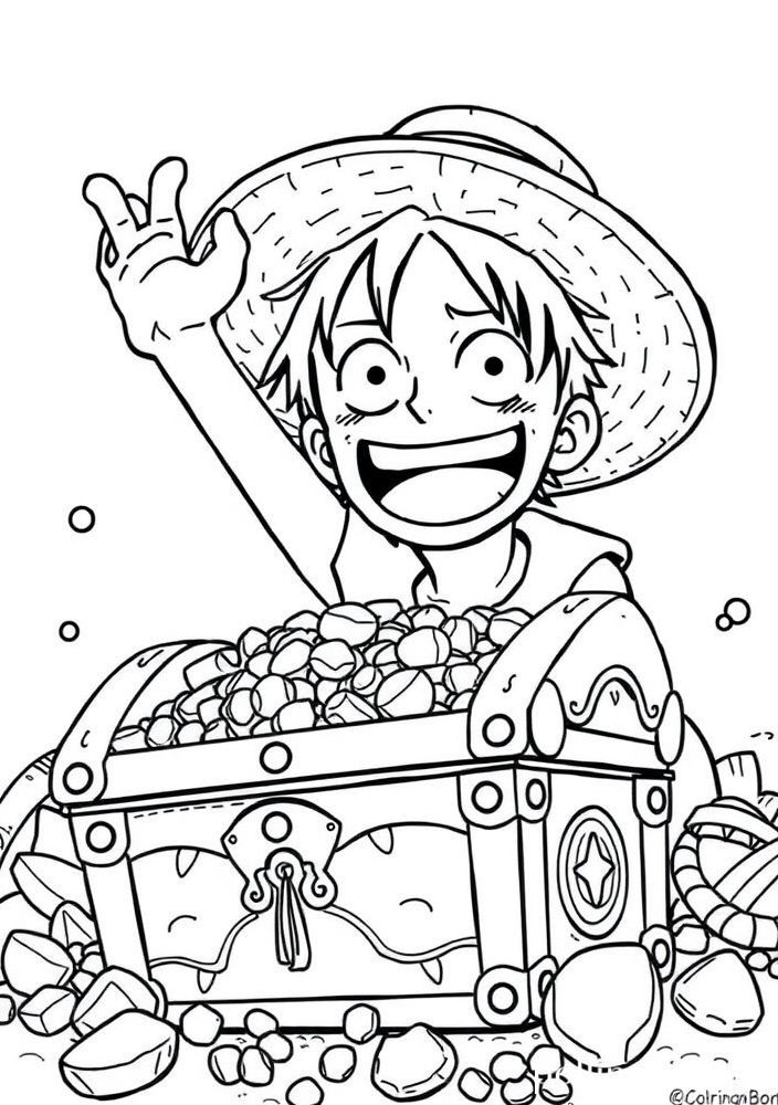 Desenho do Luffy com seu tesouro encontrado para colorir