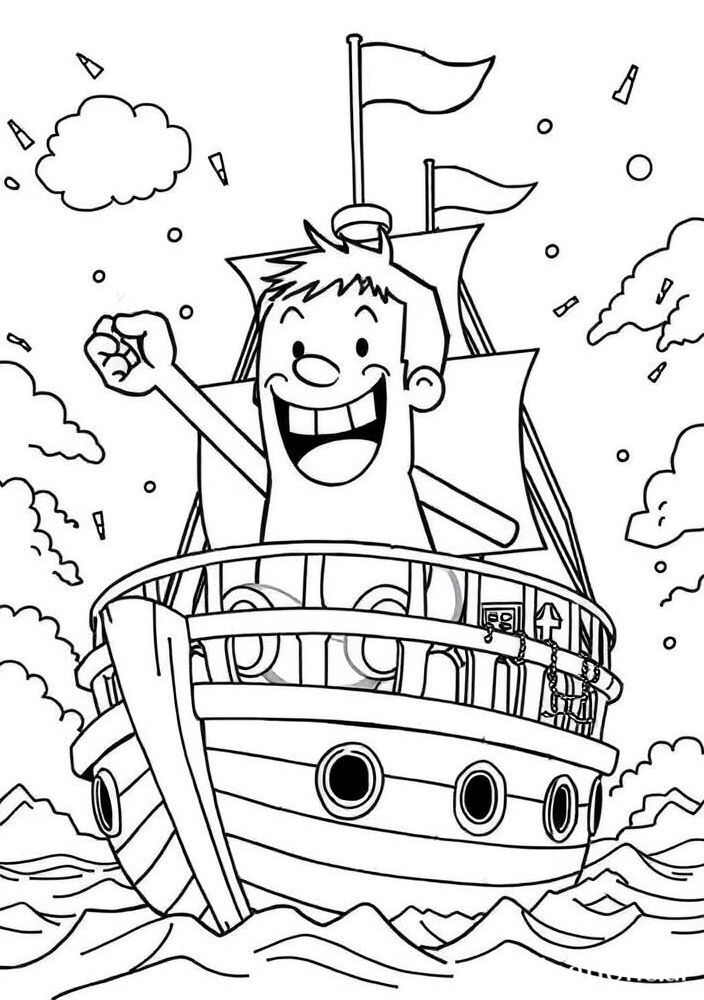 Desenho do Luffy com um grande sorriso e festejando no navio para colorir