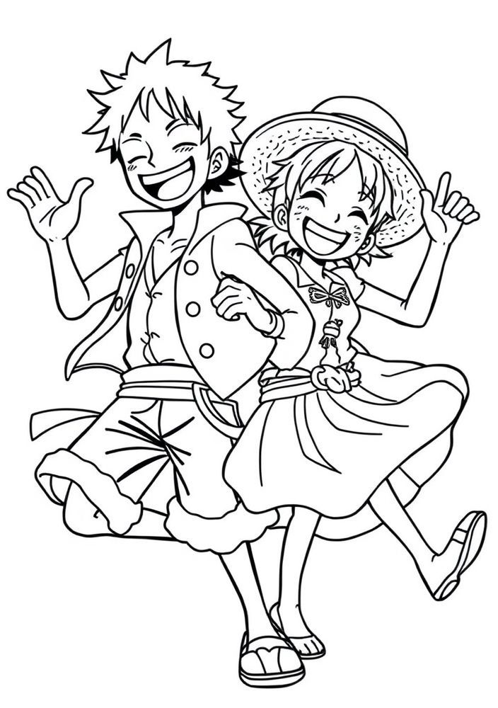 Desenho do Luffy dançando com um pirata do novo mundo para colorir