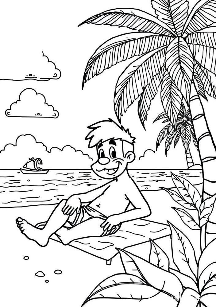Desenho do Luffy descansando em uma praia tropical para colorir