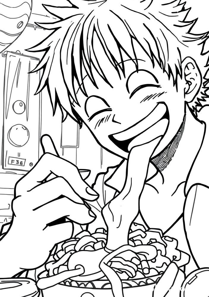 Desenho do Luffy desfrutando de um lanche para colorir