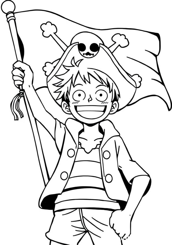 Desenho do Luffy diante de uma bandeira de pirata flutuante para colorir