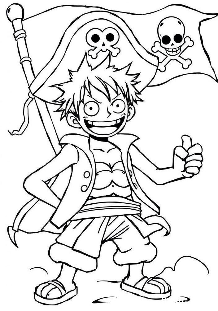 Desenho do Luffy e a sua bandeira pirata para colorir