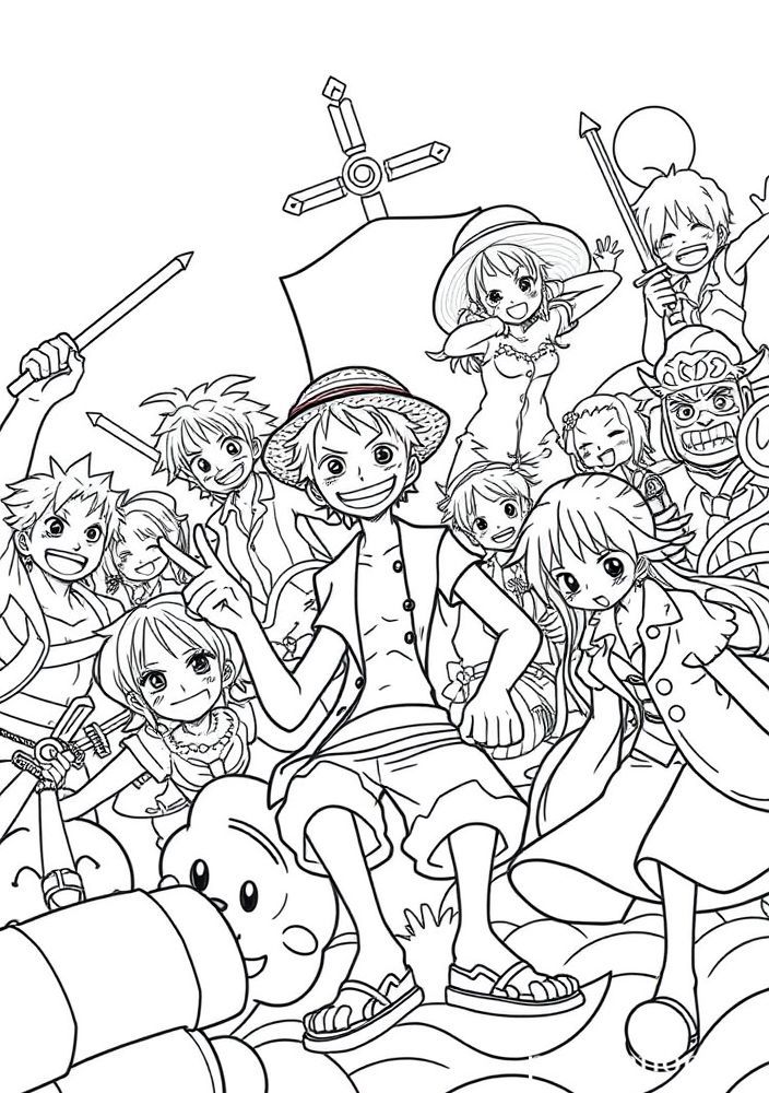 Desenho do Luffy e seus amigos da tripulação do Chapéu de Palha para colorir