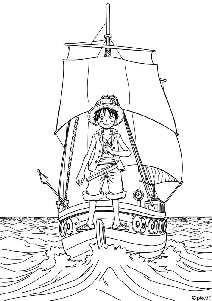 Desenho do Luffy em um barco navegando pretendendo ser um super pirata para colorir