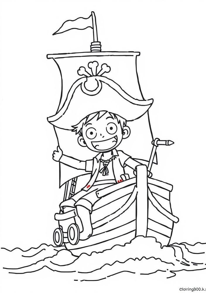Desenho do Luffy em um barco pirata para colorir