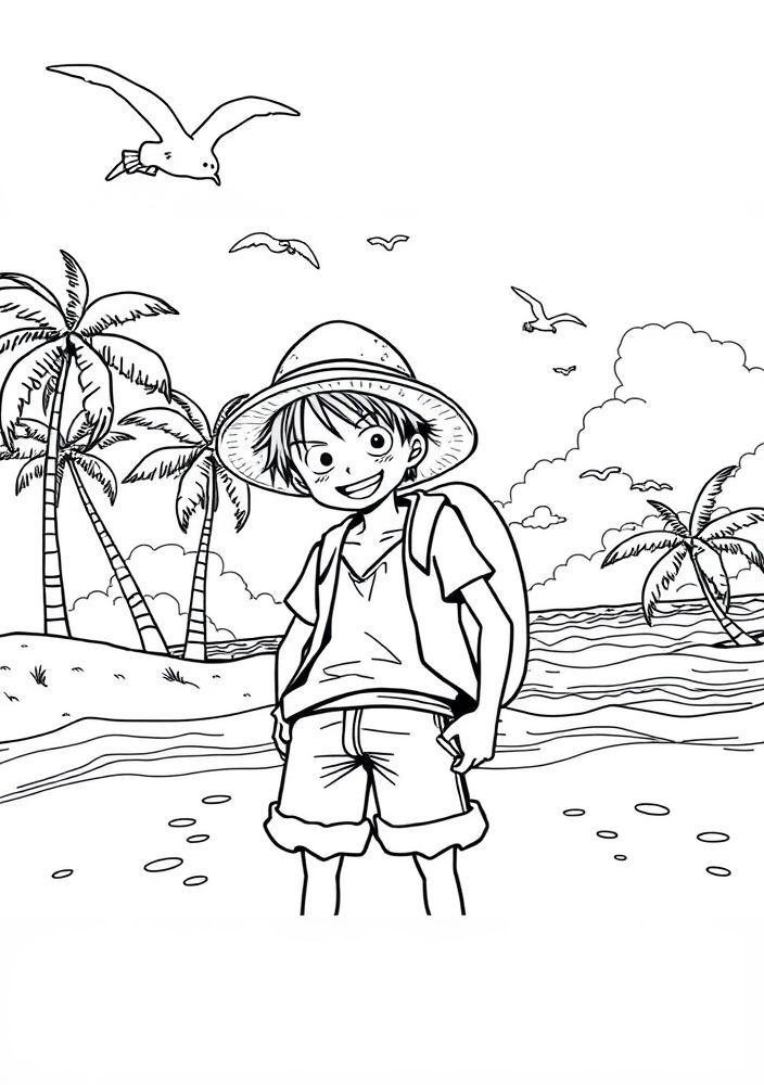 Desenho do Luffy em um dia de praia para colorir