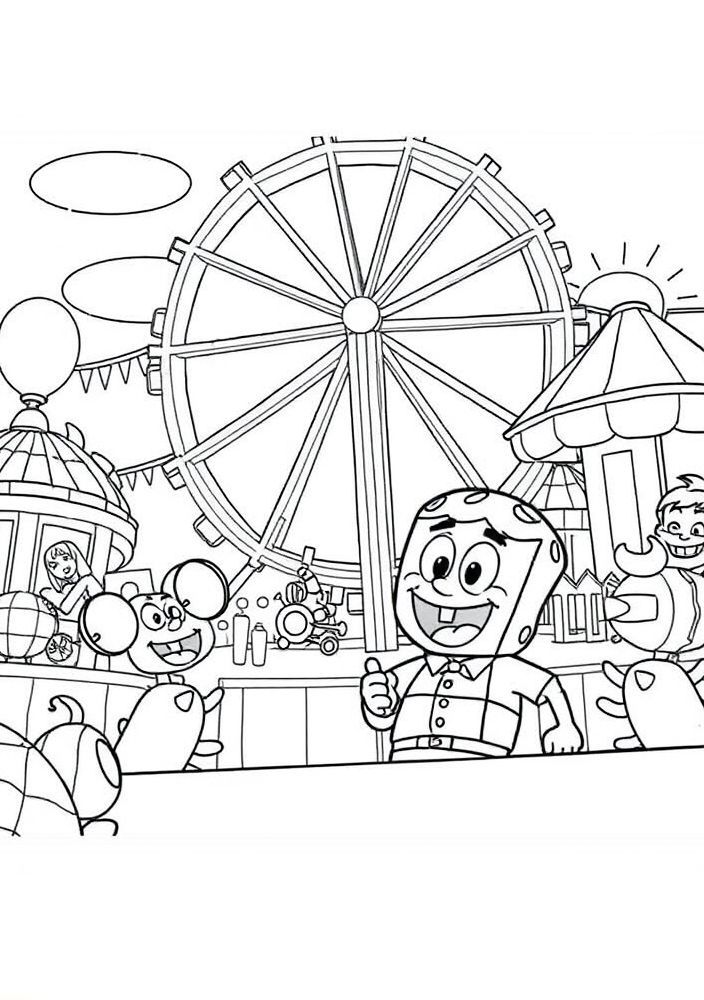 Desenho do Luffy em um parque de diversões com amigos para colorir