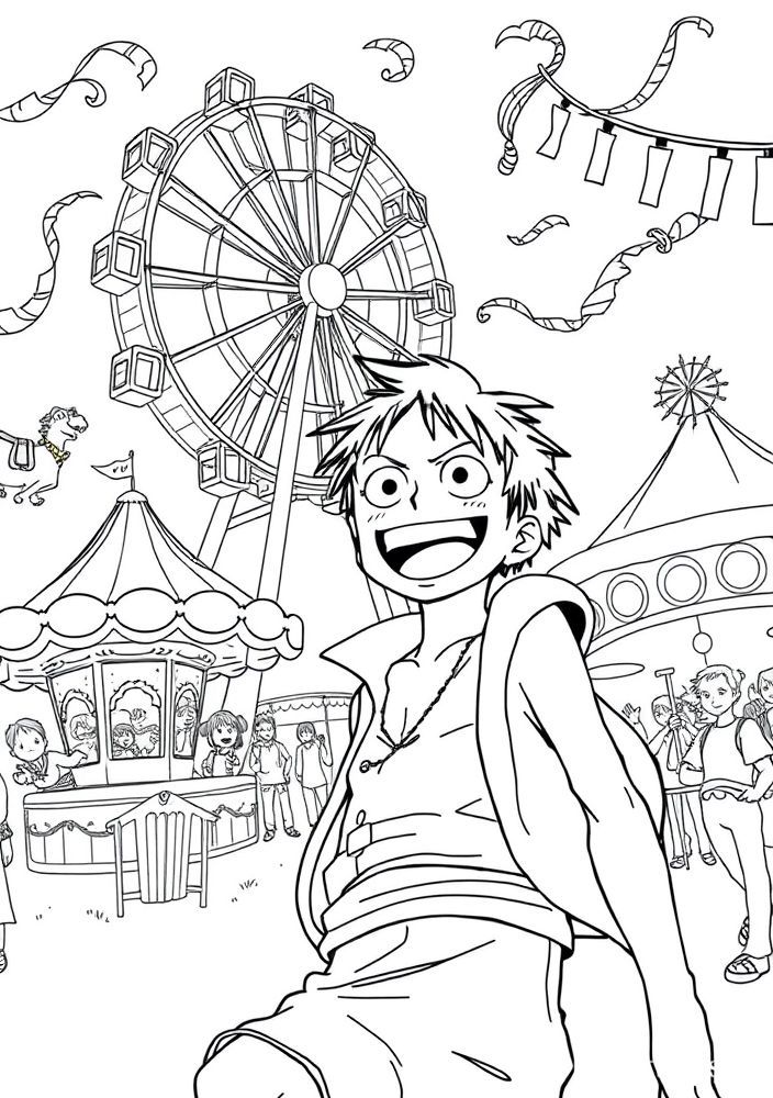 Desenho do Luffy em um parque de diversões para colorir