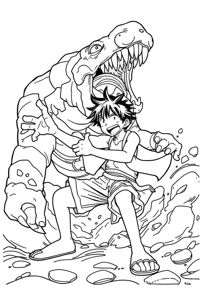 Desenho do Luffy enfrentando um monstro marinho para colorir