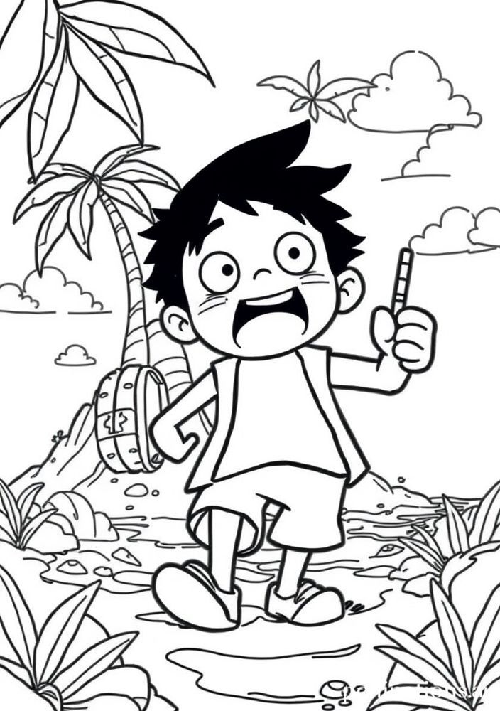 Desenho do Luffy explorando uma nova ilha misteriosa para colorir