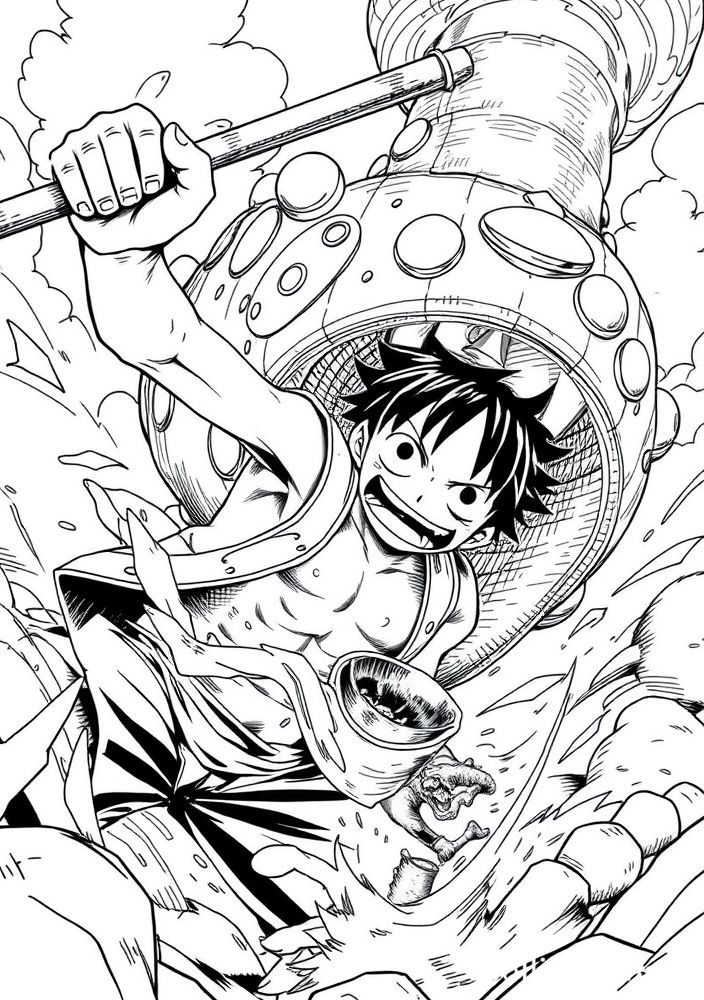 Desenho do Luffy fazendo seu ataque Gomu Gomu no para colorir
