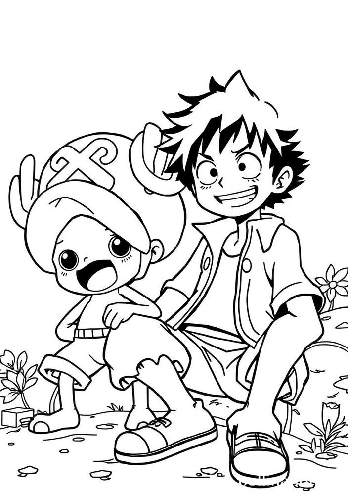 Desenho do Luffy junto com Chopper e Nami para colorir