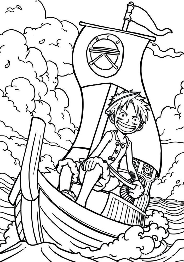 Desenho do Luffy navegando no navio Going Merry
