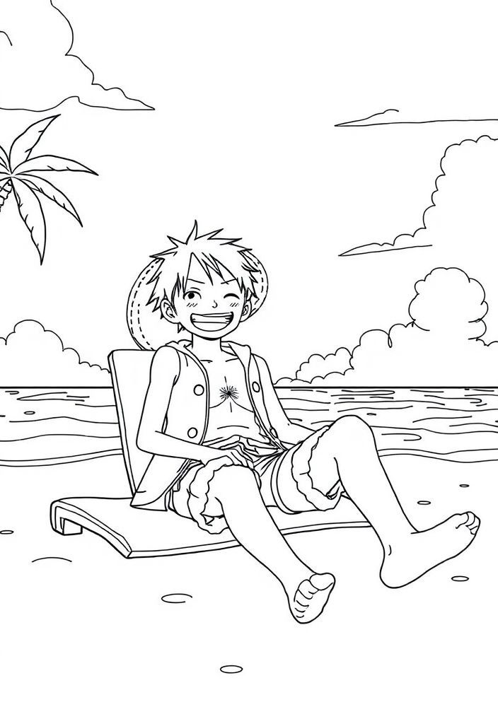 Desenho do Luffy relaxando na praia para colorir