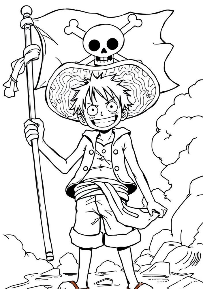 Desenho do Luffy segurando a bandeira dos Chapéus de Palha para colorir