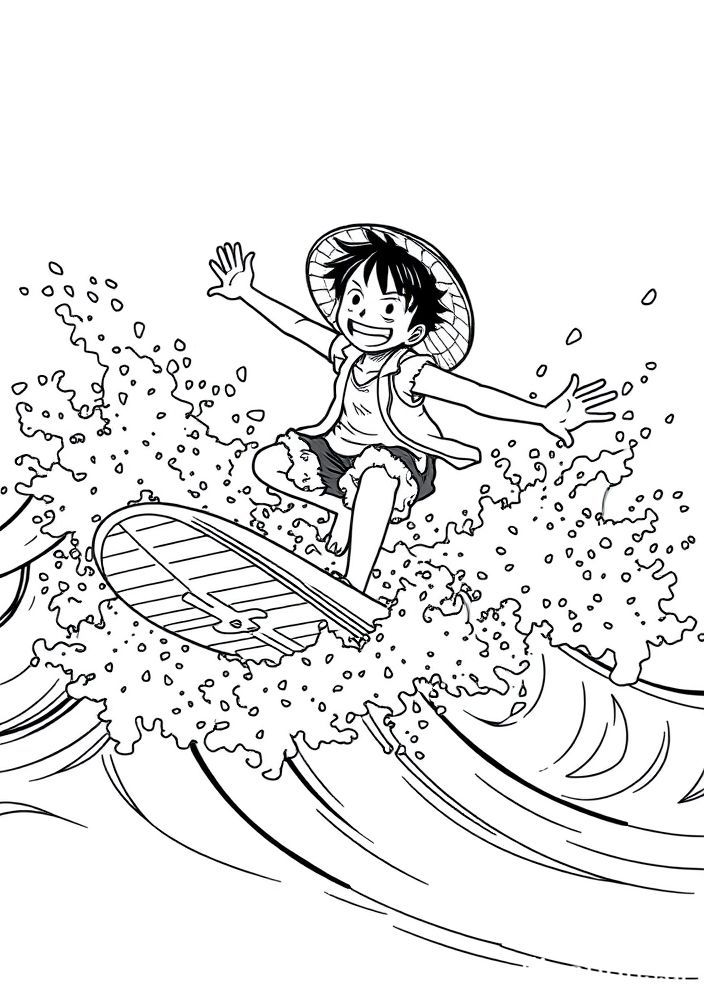 Desenho do Luffy surfando nas ondas para colorir