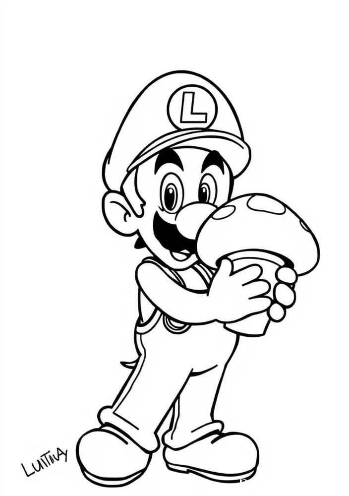 Desenho do Luigi com um cogumelo para colorir