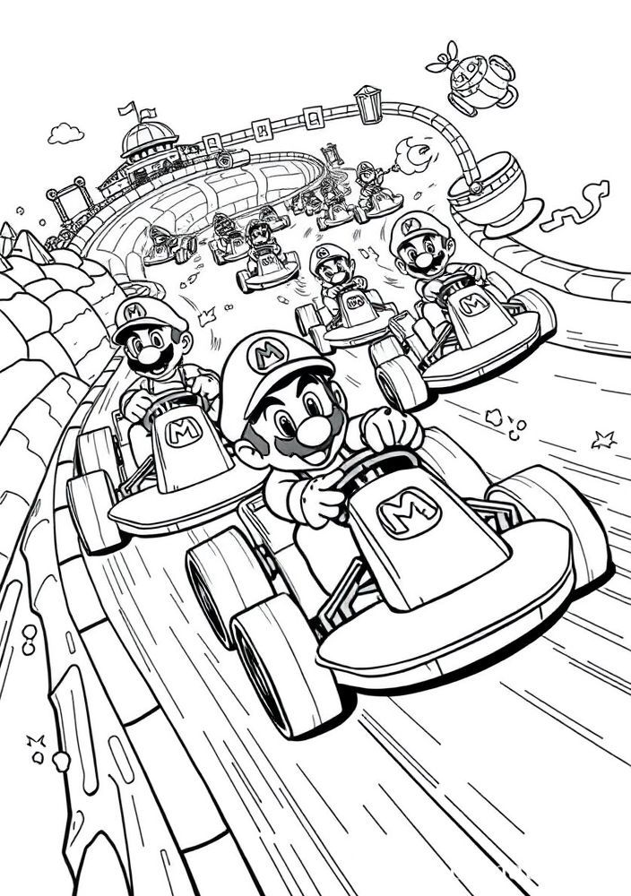 Desenho do Mario Kart em ação para colorir