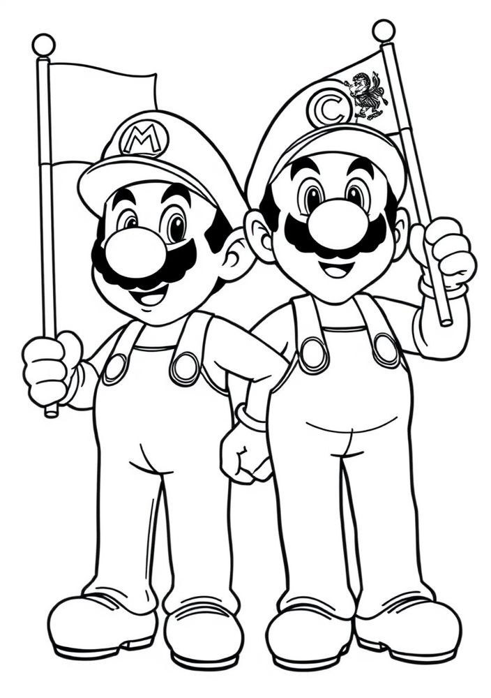 Desenho do Mario com o Luigi segurando uma bandeira do mundo para colorir