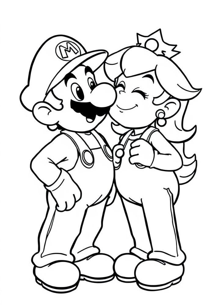 Desenho do Mario e Luigi beijando a Princesa Peach para colorir