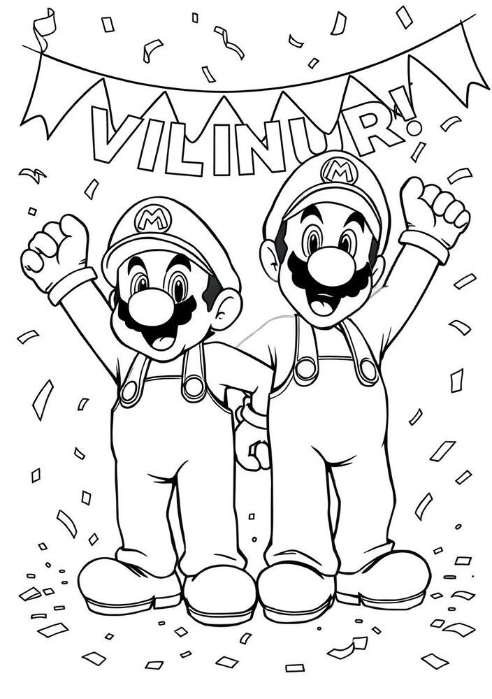 Desenho do Mario e Luigi comemorando uma vitória para colorir