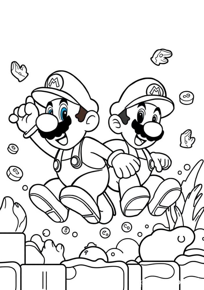 Desenho do Mario e Luigi em um cenário de jogo para colorir