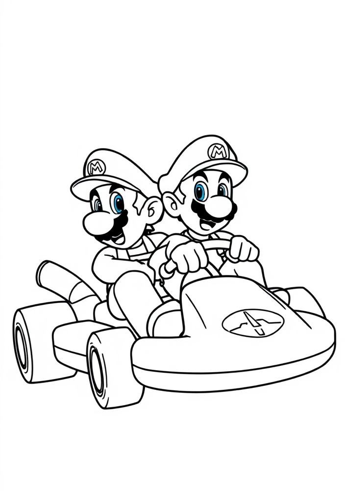 Desenho do Mario e Luigi em um kart para colorir