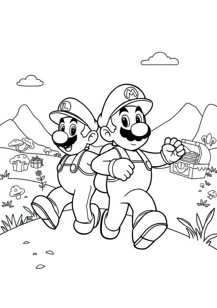 Desenho do Mario e Luigi em uma aventura conjunta para colorir