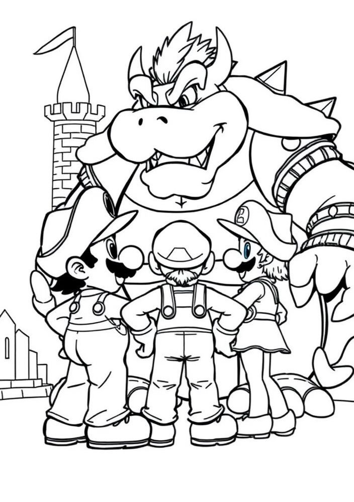 Desenho do Mario e Luigi enfrentando Bowser no castelo para colorir