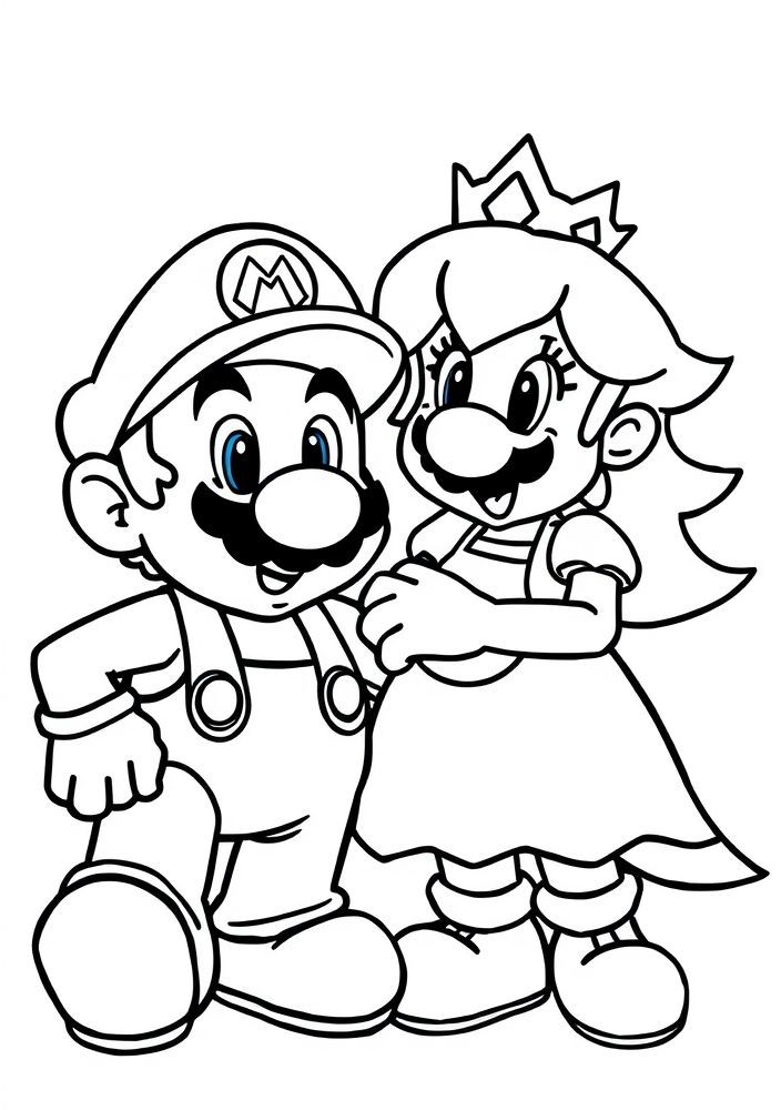 Desenho do Mario e Peach em um momento de amizade para colorir
