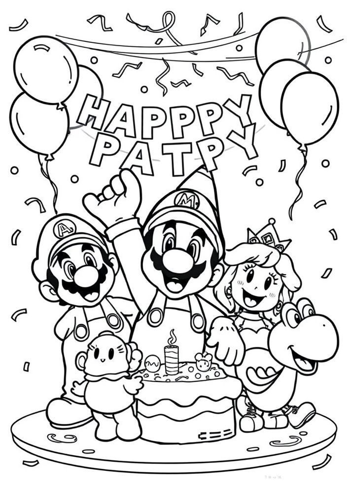 Desenho do Mario e seus amigos em uma festa para colorir