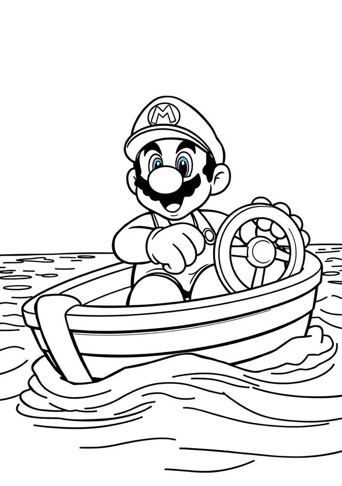 Desenho do Mario em um barco para colorir