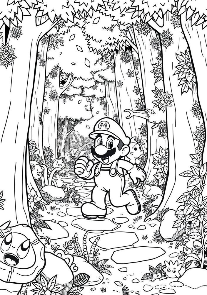Desenho do Mario em uma aventura em uma floresta para colorir