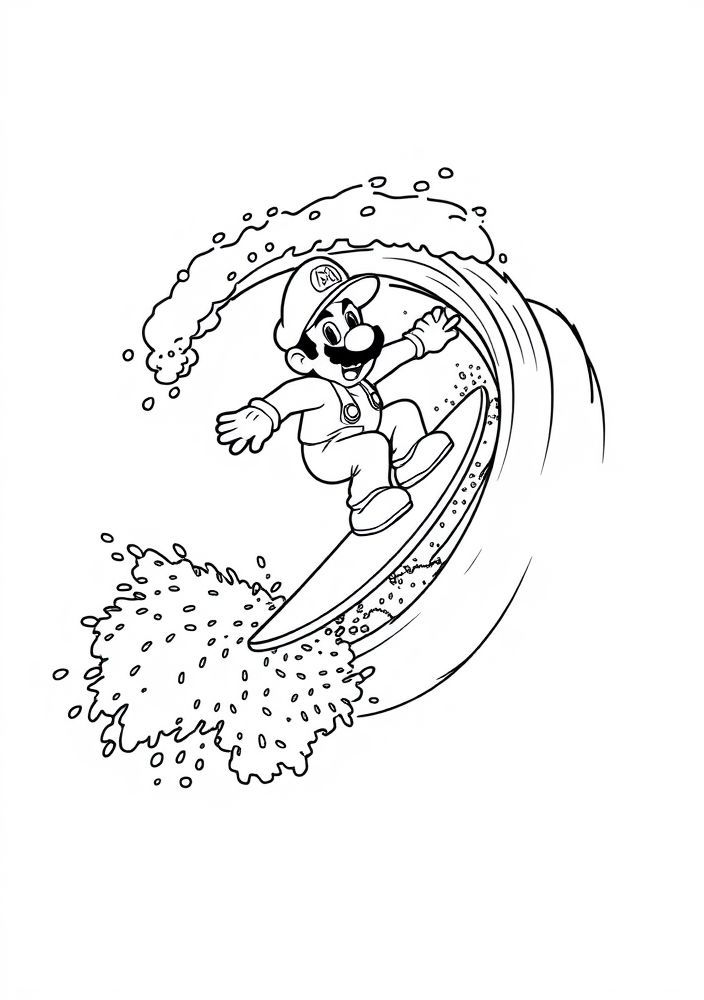 Desenho do Mario surfando sobre uma onda para colorir
