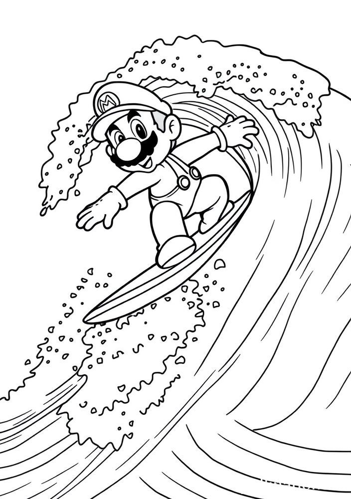 Desenho do Mario surfando sobre uma onda para colorir