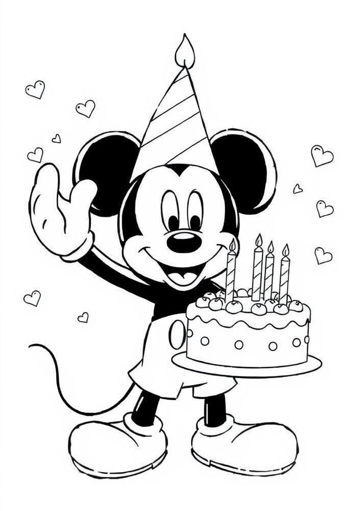 Desenho do Mickey Mouse comemorando o aniversário para colorir