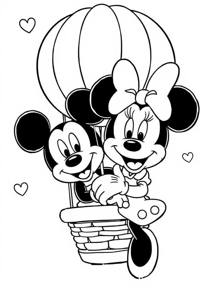 Desenho do Mickey Mouse e Minnie em um balão de ar quente para colorir