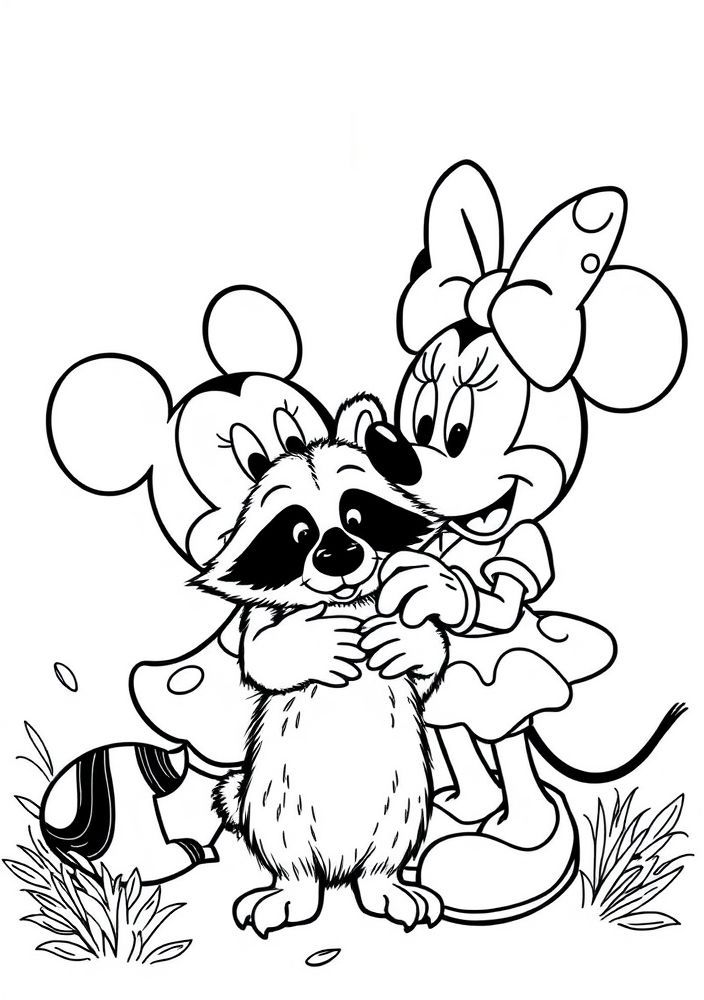 Desenho do Mickey Mouse e da Minnie ajudando um guaxinim para colorir