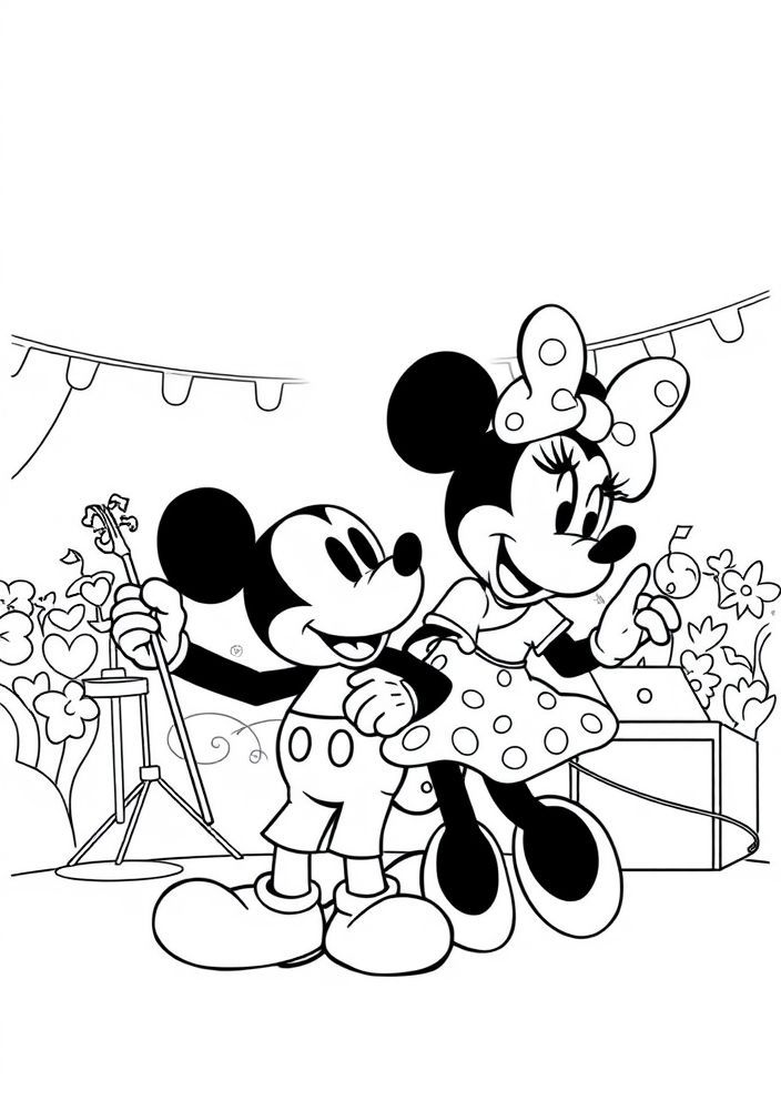 Desenho do Mickey Mouse e da Minnie em um festival de música para colorir