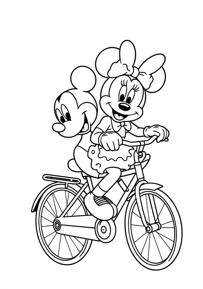Desenho do Mickey Mouse e da Minnie passeando de bicicleta para colorir