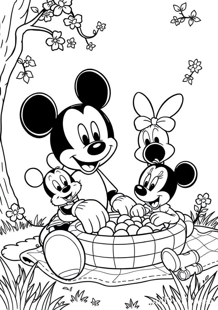 Desenho do Mickey Mouse e seus amigos em um piquenique para colorir