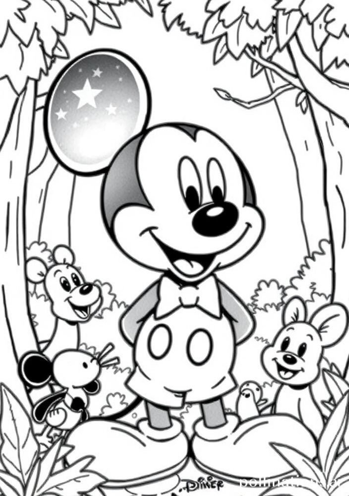 Desenho do Mickey Mouse na floresta com amigos animais para colorir