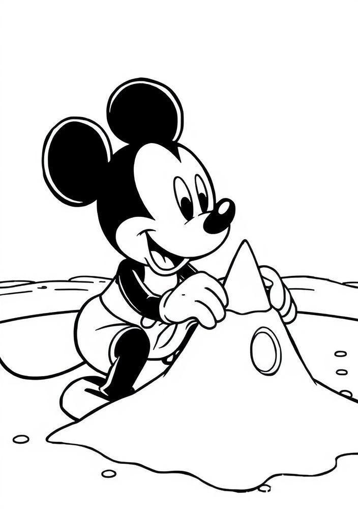 Desenho do Mickey Mouse na praia construindo um castelo de areia para colorir